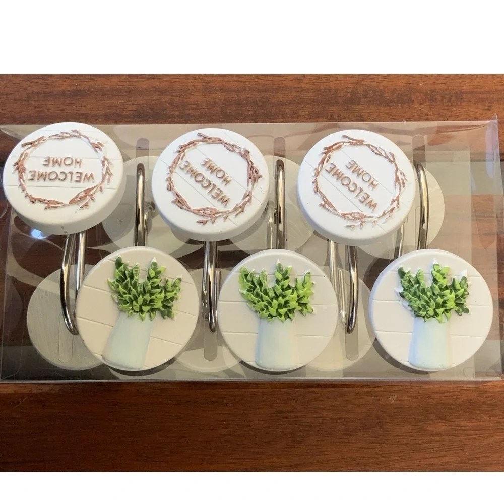 Modern Farmhouse Shower Curtain Hooks Set of 12 Welcome Home White Green Brown